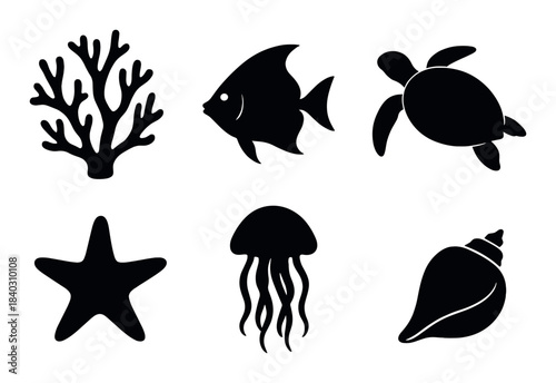 Silhouettes of marine life: coral, fish, turtle, starfish, jellyfish, and shell