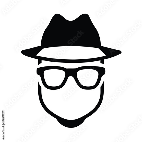 Minimalist black and white icon representing a mysterious detective or secret agent figure in silhouette