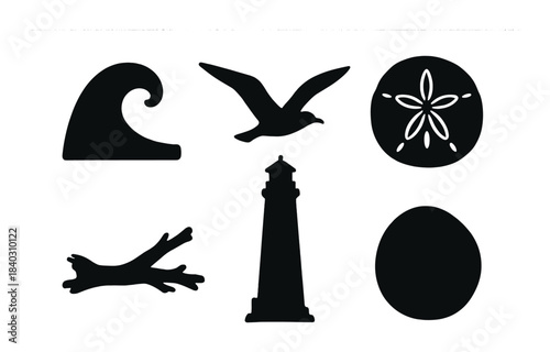 Silhouette collection of sea-themed icons including lighthouse and bird