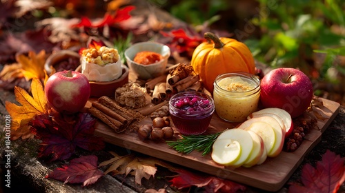Autumn harvest cheese board with apples, cranberry sauce, and pumpkin in outdoor setting