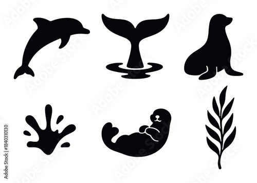 Silhouettes of marine animals and nature elements in black on gray background