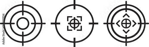 Target icons set. Aim sniper shoot group. Ambition and opportunity symbols. Gun target icons in minimalistic thin line strokes designs. Focus group icon. Editable stroke line icons