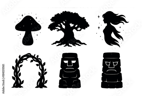Mystical silhouettes: mushroom, tree, female spirit, arch, moai statues