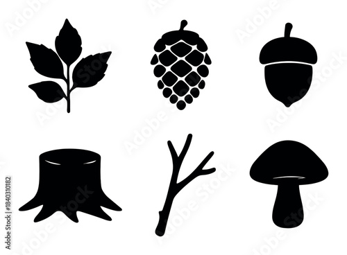 Silhouettes of nature: leaves, pinecone, acorn, tree stump, branch, mushroom