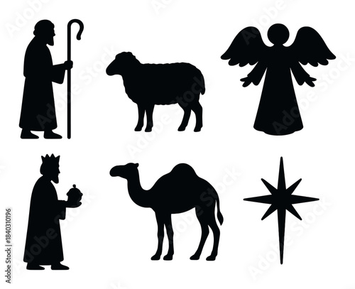 Silhouettes of shepherd, angel, sheep, and wise man with camel and star