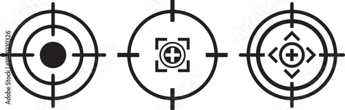 Target icons set. Aim sniper shoot group. Ambition and opportunity symbols. Gun target icons in minimalistic thin line strokes designs. Focus group icon. Editable stroke line icons