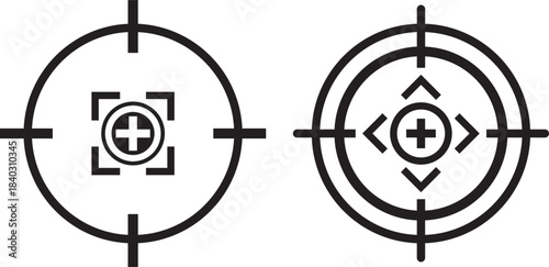 Target icons set. Aim sniper shoot group. Ambition and opportunity symbols. Gun target icons in minimalistic thin line strokes designs. Focus group icon. Editable stroke line icons