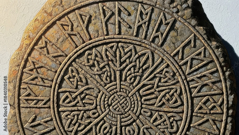 Obraz premium Intricately carved rune stone set against an isolated white background, featuring ancient symbols and circular patterns in earthy tones