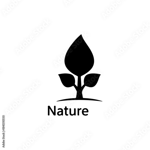 Stylized black silhouette of a growing plant with three leaves, symbolizing nature, ecology, and environmental care concept isolated on transparent background