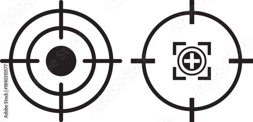 Target icons set. Aim sniper shoot group. Ambition and opportunity symbols. Gun target icons in minimalistic thin line strokes designs. Focus group icon. Editable stroke line icons