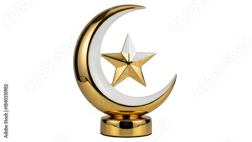 Luxury gold crescent moon and star religious ornament isolated on white background for Ramadan and Eid.