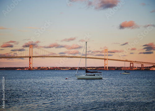 Claiborne Pell Bridge, commonly known as the Newport Bridge, spanning the East Passage of the Narragansett Bay in Rhode Island