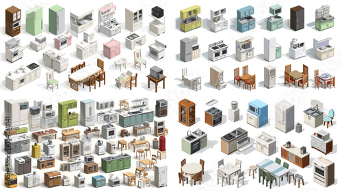 Extensive isometric kitchen and dining furniture set including cabinets, tables, chairs, appliances, and accessories. Perfect for interior design layouts, architectural visuals, and home planning proj
