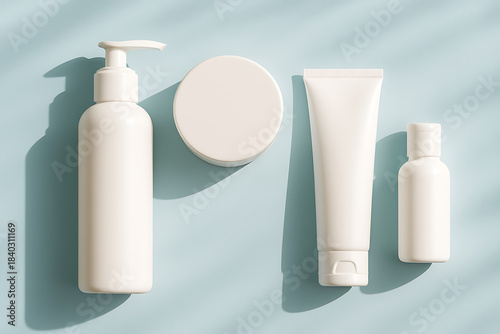 Top view flat lay composition of four unbranded white cosmetic containers casting shadows on a light blue background mockup