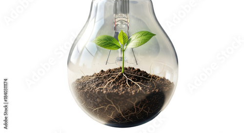 Lightbulb with plant and roots growing symbolizing sustainable energy ideas innovation transparent background
