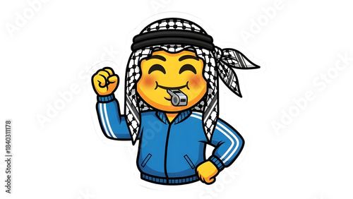 Cartoon emoji character wearing keffiyeh and tracksuit blowing a whistle isolated on white background
