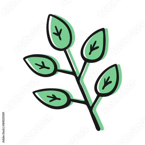 Hand Drawn Simple Green Leaf Branch Doodle