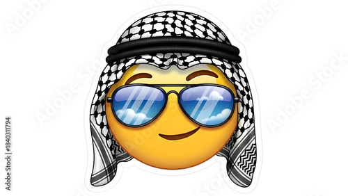 Cool Arabic man emoji wearing mirrored aviator sunglasses and traditional Keffiyeh isolated on white