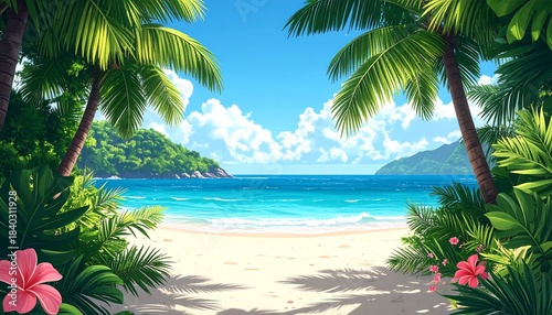 Fototapeta Naklejka Na Ścianę i Meble -  Tropical beach scene with palm trees (3)