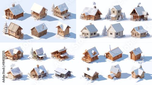 Charming winter cabin illustrations covered in snow with trees, chimneys, and cozy rustic details. Ideal for holiday themes, winter scenes, greeting cards, and seasonal landscape artwork.