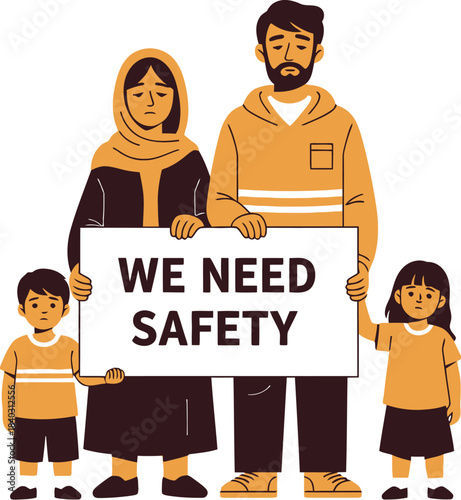 Distressed family holding a sign pleading for safety in a stark illustration representing humanitarian crisis and displacement concerns