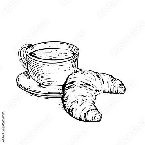 hand drawn coffee cup saucer and croissant line art vector illustration