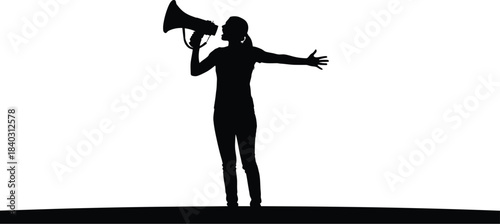 Silhouette of a woman shouting through a megaphone with one arm outstretched symbolizing protest activism or making an important announcement