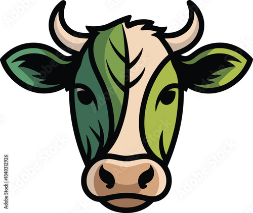 Green leaf cow head portrait mascot logo organic dairy farm or plant based food vector illustration design.