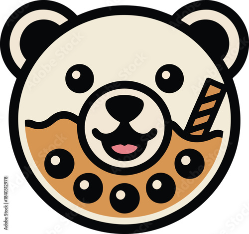 Polar bear head icon combined with bubble milk tea drink cup beverage and straw vector illustration logo.