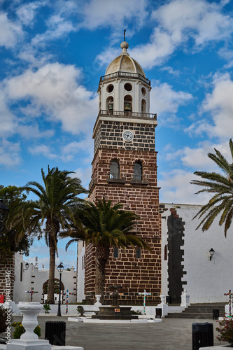 Historic Teguise town center with traditional whitewashed architecture and cobblestone streets, former capital of Lanzarote