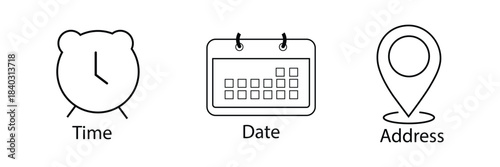 Address time date icons set. Address location icon. Stopwatch timer icon. Date Calendar icon. Black line and flat web icons.