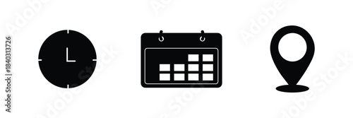 Address time date icons set. Address location icon. Stopwatch timer icon. Date Calendar icon. Black line and flat web icons.