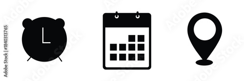 Address time date icons set. Address location icon. Stopwatch timer icon. Date Calendar icon. Black line and flat web icons.