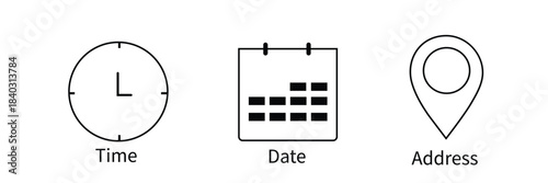 Address time date icons set. Address location icon. Stopwatch timer icon. Date Calendar icon. Black line and flat web icons.