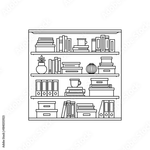 A flat pseudo-vector illustration of bookshelves filled with books, boxes, and decorative items. "Ultra Clean Home" concept.