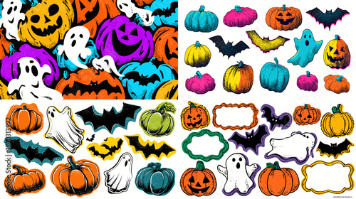 Bright and playful Halloween illustrations featuring colorful ghosts, pumpkins, bats, and decorative frames. Ideal for party themes, kids designs, stickers, and festive seasonal graphics.