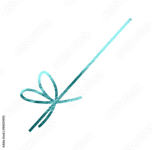 A turquoise metallic ribbon forming a simple looped bow is isolated on a white background. The