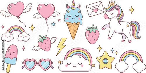 Cute Colorful Princess Fairy Tale Castle Flat Vector Set