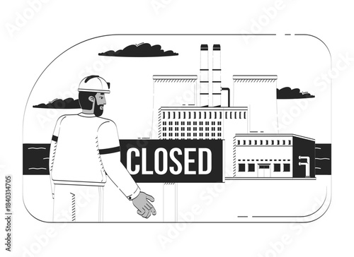 Factory closed with disappointed worker doodle lineart illustration. Industrial shutdown. Layoff in manufacturing plant closure 2D line ink character isolated. Monochrome vector outline hand-drawn