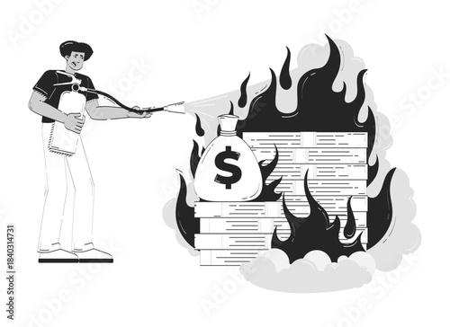 Currency devaluation doodle line illustration concept. Hyperinflation. Financial loss. Latino man extinguishing burning dollar money 2D outline character isolated. Hand drawn ink metaphor monochrome