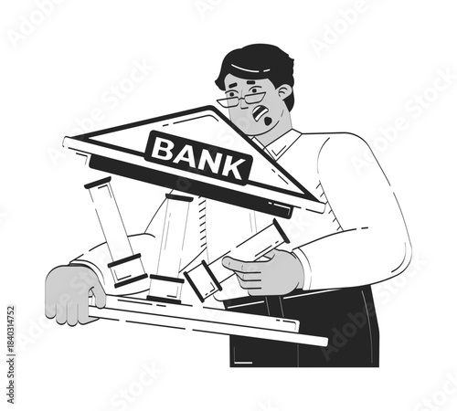 Bank collapse doodle line illustration concept. Banking crisis. Financial institution instability. Fragile economy. Investor banker 2D outline character isolated. Hand drawn ink metaphor monochrome