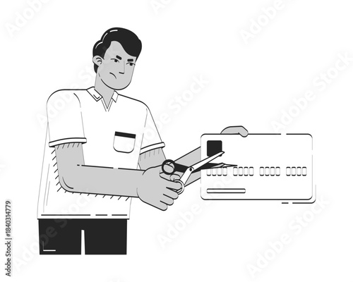 Cutting credit card doodle line illustration concept. Eliminating debt creditcard during economic recession. Reduce spending. Indian man 2D outline character isolated. Hand drawn metaphor monochrome