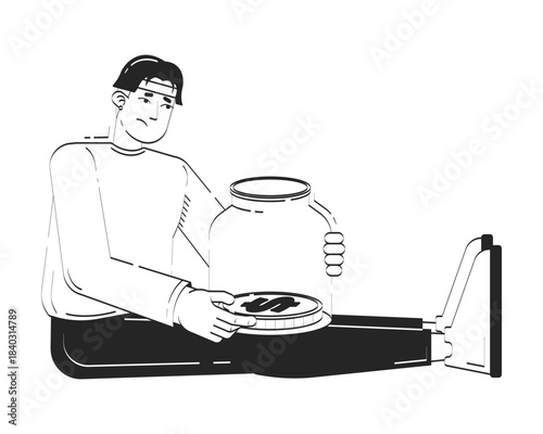 No savings doodle line illustration concept. Financial insecurity. Living paycheck to paycheck. Asian man holding empty jar with last coin 2D outline character isolated. Hand drawn metaphor monochrome