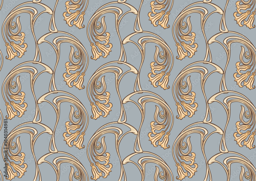 Fototapeta premium Decorative flowers and leaves in art nouveau style, vintage, old, retro style. Seamless pattern, background. Vector illustration. In art nouveau style, vintage, old, retro style.