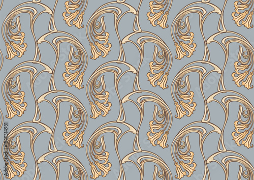 Decorative flowers and leaves in art nouveau style, vintage, old, retro style. Seamless pattern, background. Vector illustration. In art nouveau style, vintage, old, retro style.