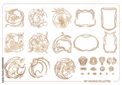 Decorative flowers and leaves in art nouveau style, vintage, old, retro style. Border, frame, template for product label, cosmetic packaging. Easy to edit. Vector illustration.