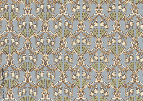 Decorative flowers and leaves in art nouveau style, vintage, old, retro style. Seamless pattern, background. Vector illustration. In art nouveau style, vintage, old, retro style.