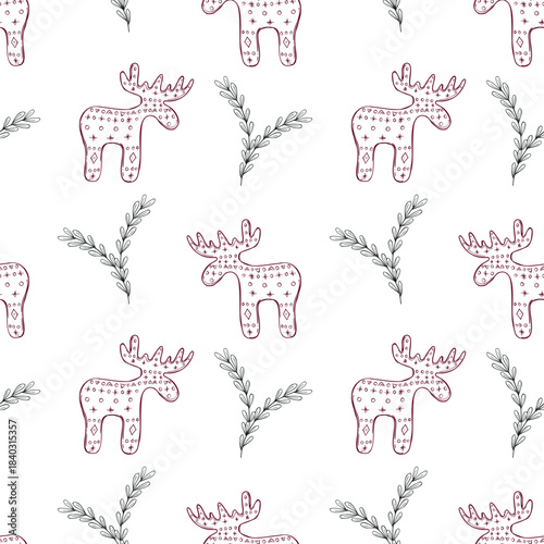 Traditional Xmas red wooden moose figurine among simple green plants vector seamless pattern. Sweden Christmas animal symbol and herbs line art ink ornate for winter holiday designs, home decor.