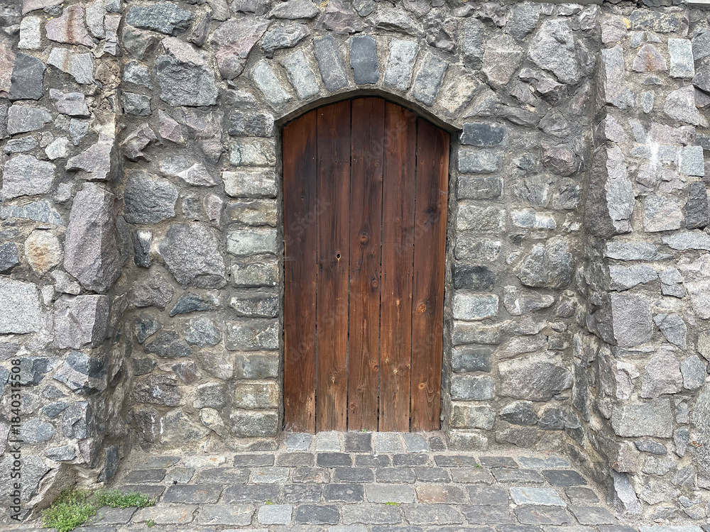 Fototapeta premium An old brown wooden door in a wall