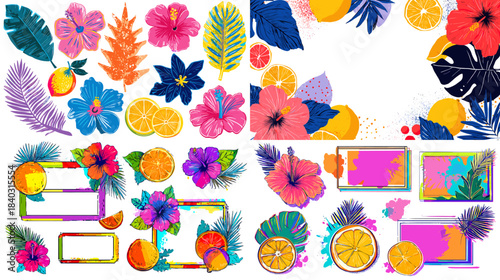 Vibrant tropical flowers, fruits, and colorful frames featuring hibiscus, leaves, and citrus elements. Ideal for summer posters, party invitations, beach themes, and lively decorative designs.